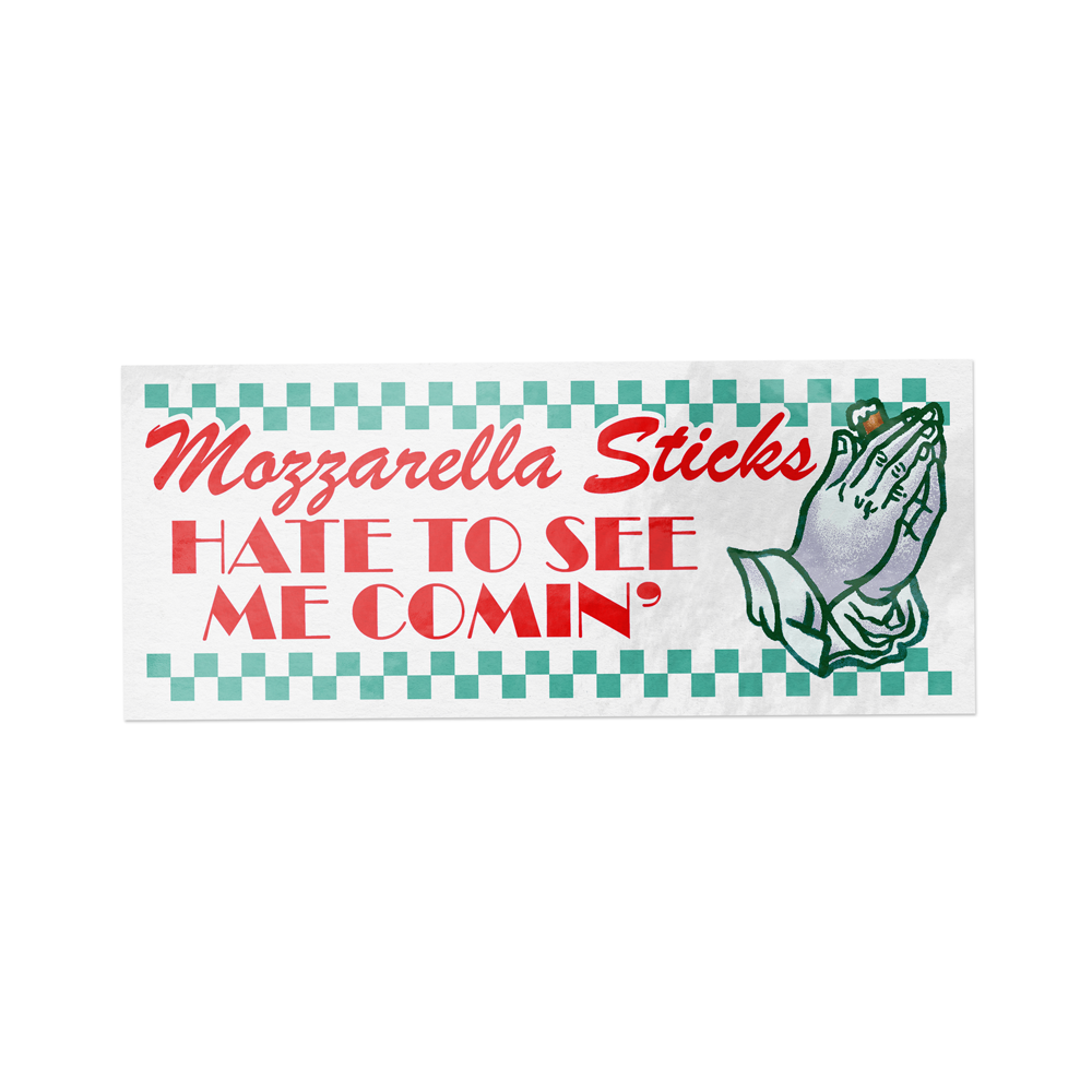 mozzarella stick bumper sticker with text 'Mozzarella Sticks Hate to See Me Comin'' and praying hands holding a mozz stick on a checkered background 