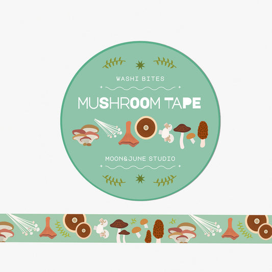 washi tape with sea green background and variety of mushroom design