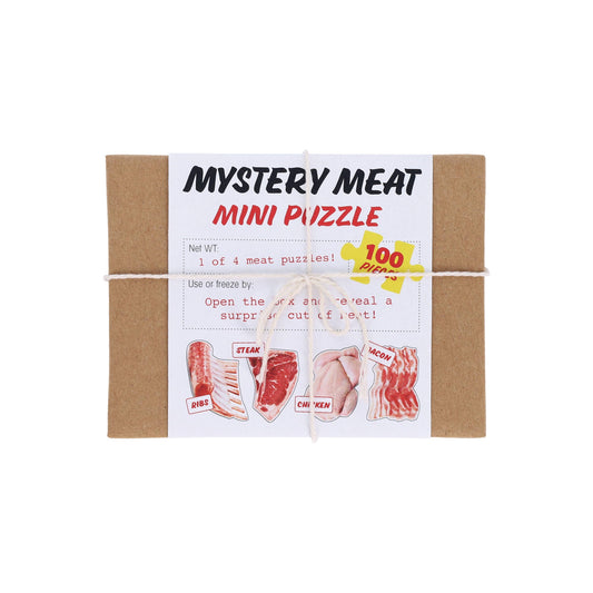 Mystery Meat Mini Puzzle packaging with brown wrapped box with twine and label on a white background