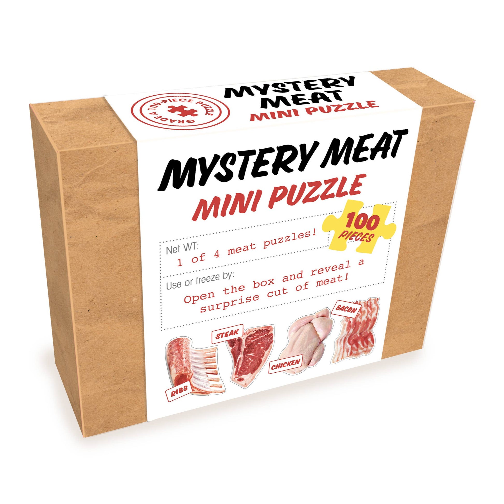Mystery Meat Mini Puzzle packaging with text and illustrations on a white background