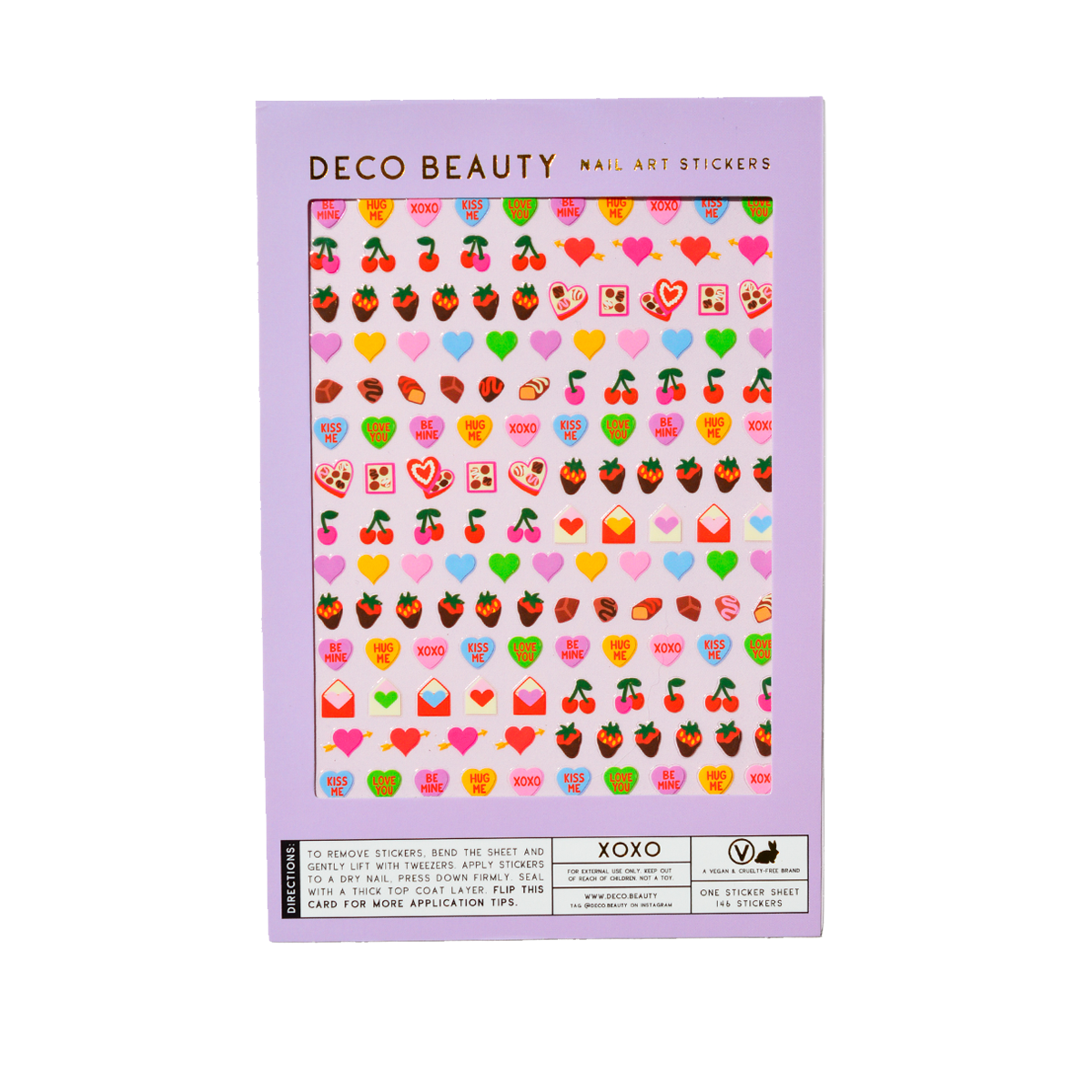 Packaging of Deco Beauty nail art stickers with colorful designs on a purple background