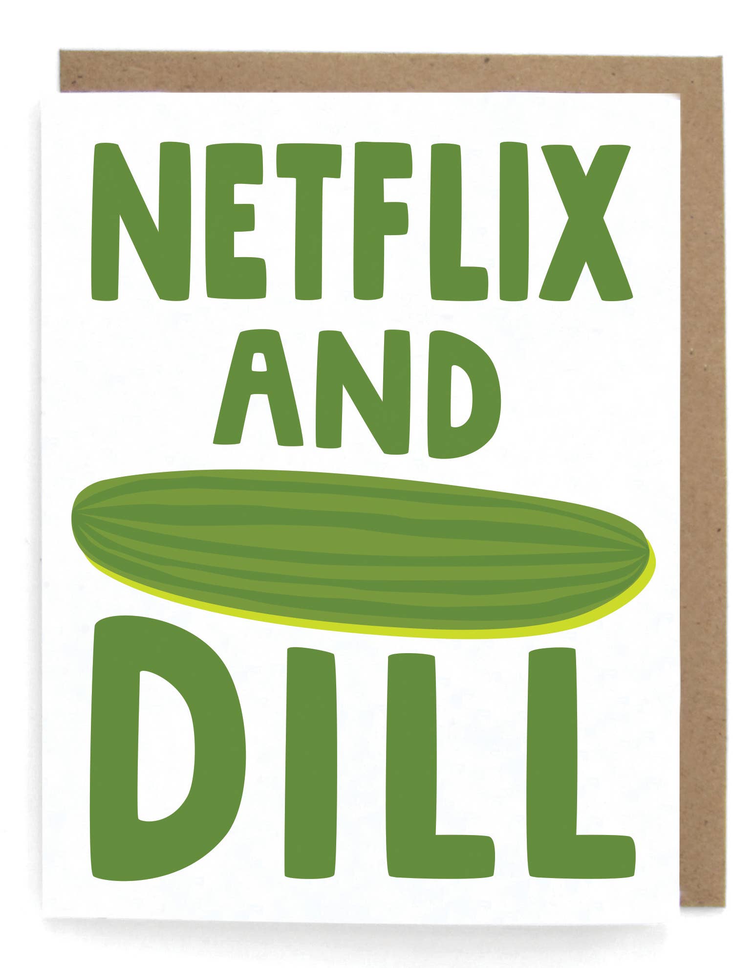 Card with 'Netflix and Dill' text and a dill pickle illustration on a white background.