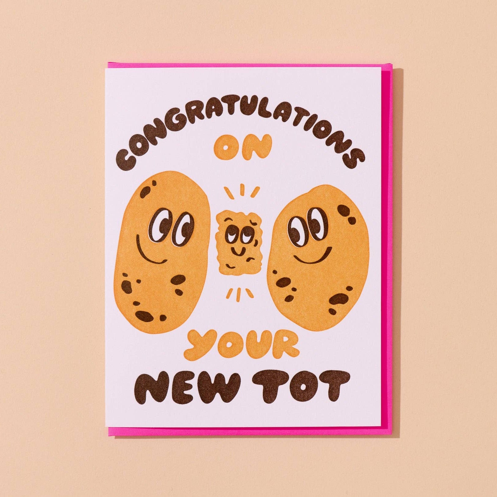 card design consists of illustrations of two potatoes and a tater tot in between them. Text reads "Congratulations on your new tot" 