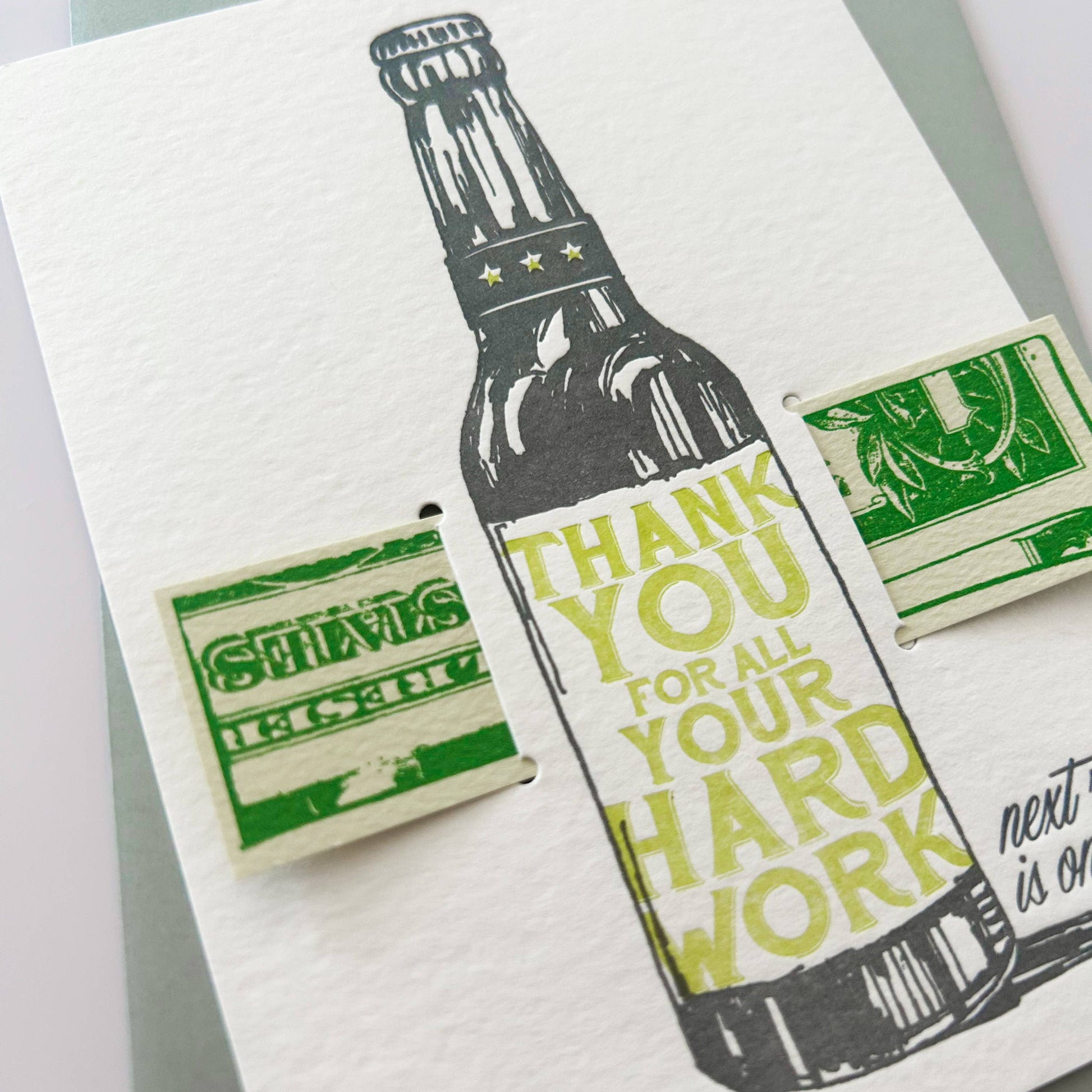 Card with a bottle design and 'Thank you for all your hard work' text on a white background