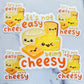 Set of 'It's not easy being cheesy' stickers with cartoon cheese characters on a light blue background.