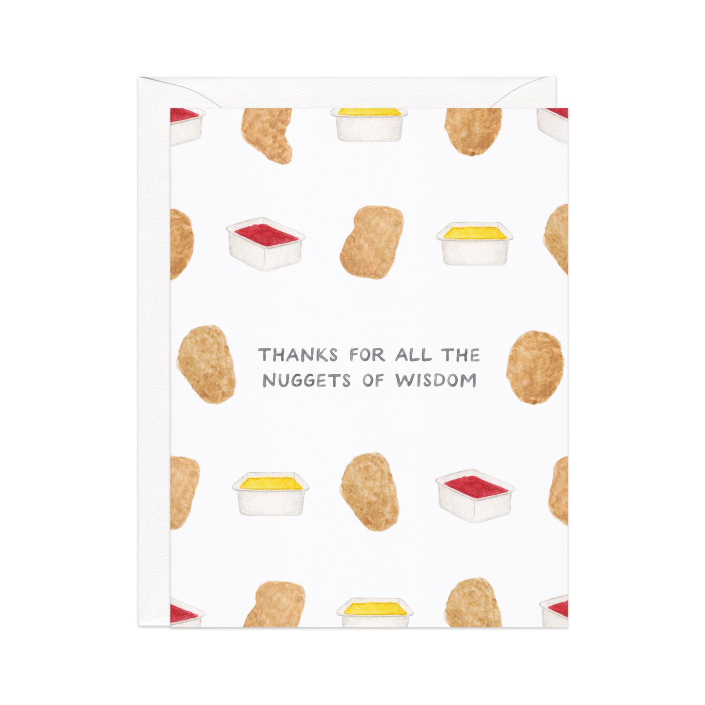 greeting card with chicken nuggets and sauce all over. Text in center reads "Thanks for all the nuggets of wisdom" 