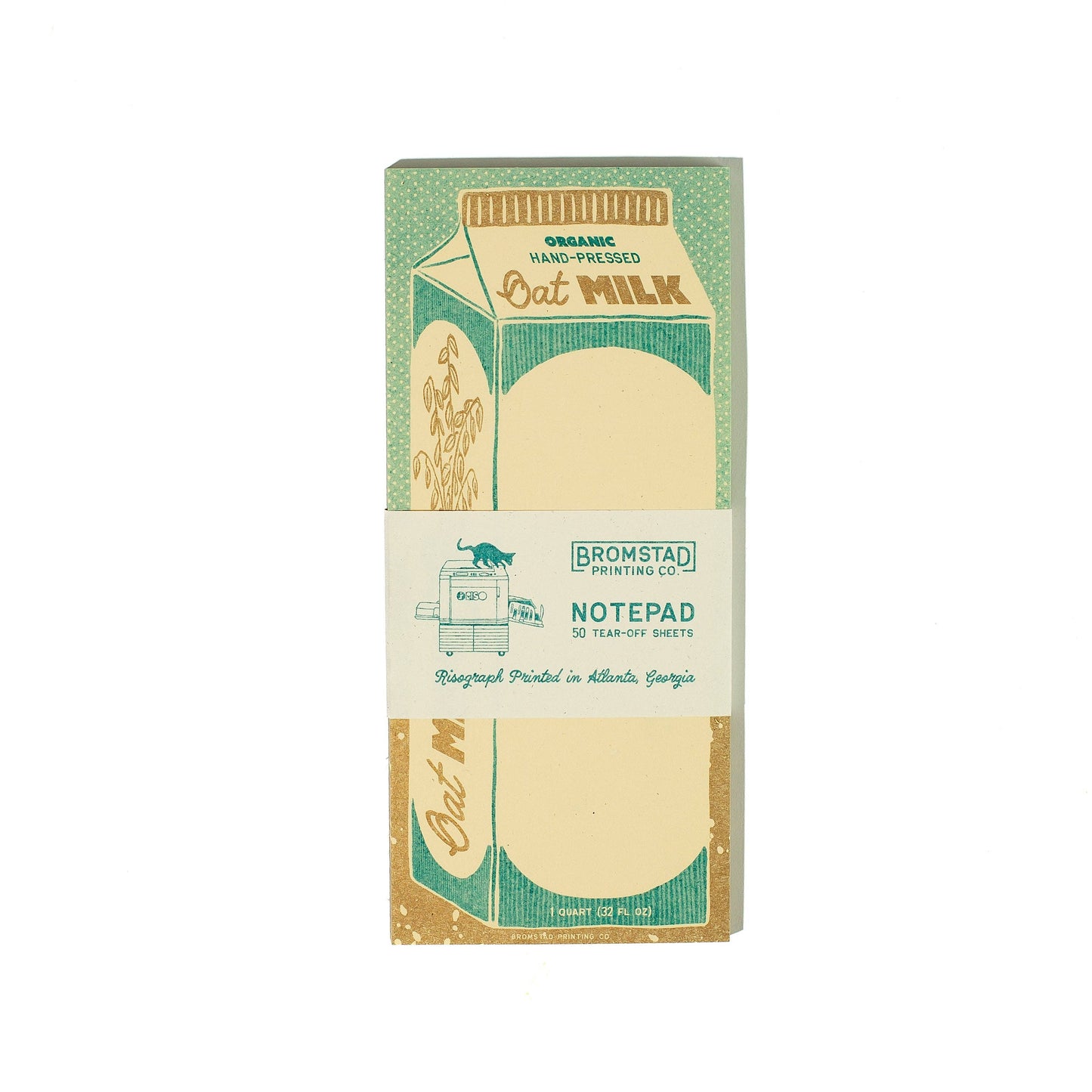 Notepad with oat milk carton design on a white background