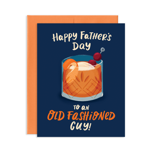 Father's Day card with an illustration of an Old Fashioned cocktail and text on a blue background.