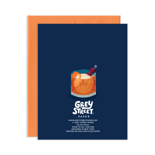 Greeting card with cocktail illustration and 'Grey Street Paper' branding on a blue background.