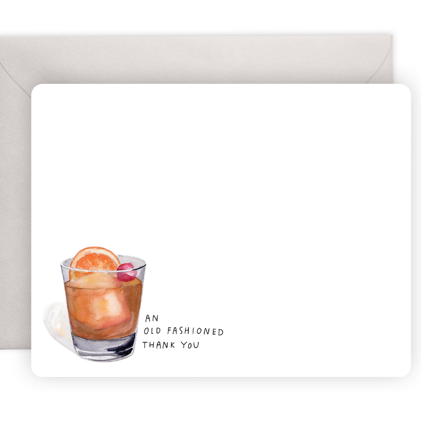 Flat notecard with picture of Old Fashioned cocktail and text "An Old Fashioned Thank You"