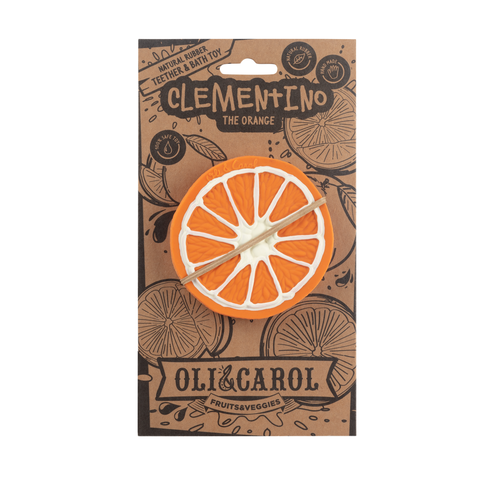 orange slice baby teething toy in packaging