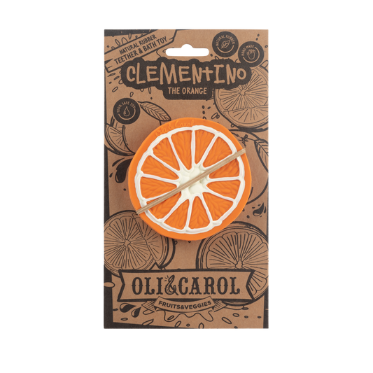 orange slice baby teething toy in packaging