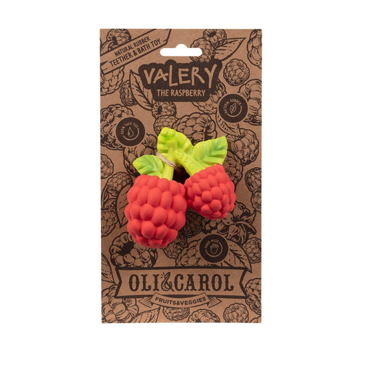 the raspberry baby teething toy with card backing packaging 