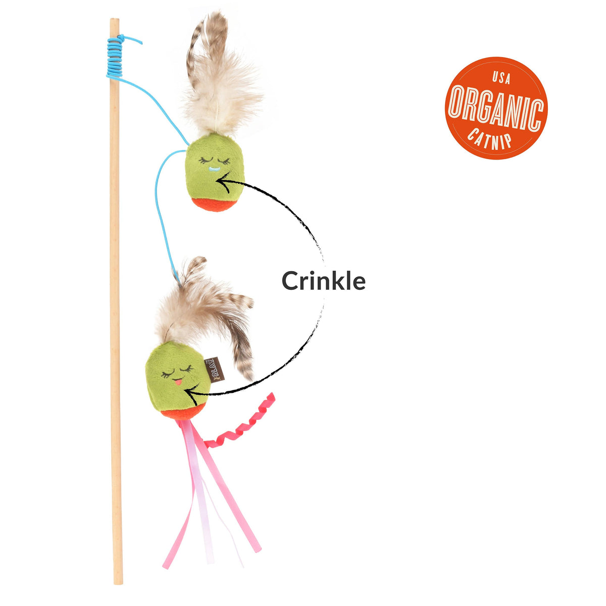 Cat toy with green olive crinkle elements on a white background
