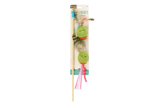 Cat toy with green olive catnip balls on a stick in packaging on a white background