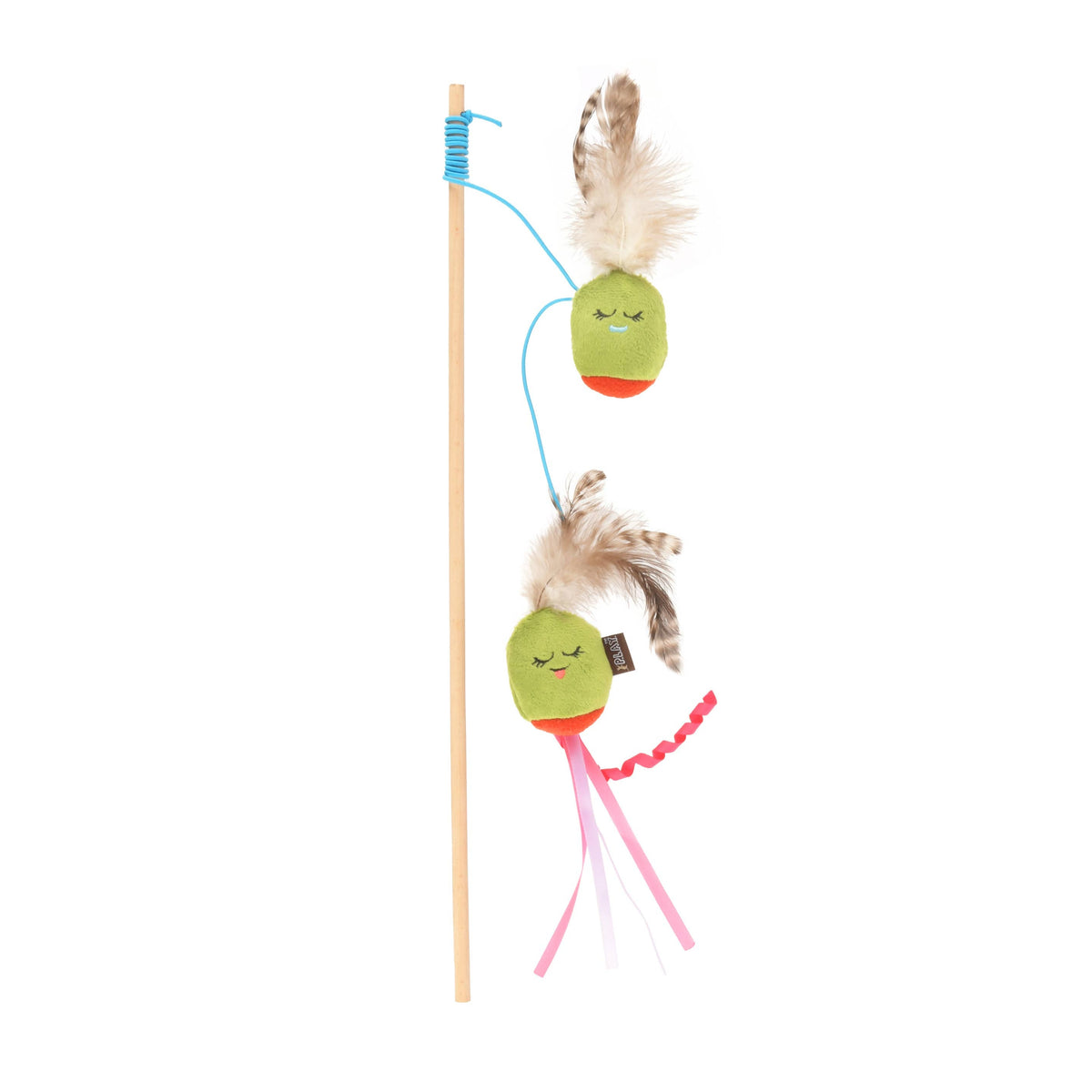 Cat toy with feathers and colorful green olive hanging toys on a white background