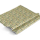 A folded piece of gift wrap with a repeating pattern of overlapping green, olive, and mustard-yellow circles on a white background, shown on a clean white studio background.