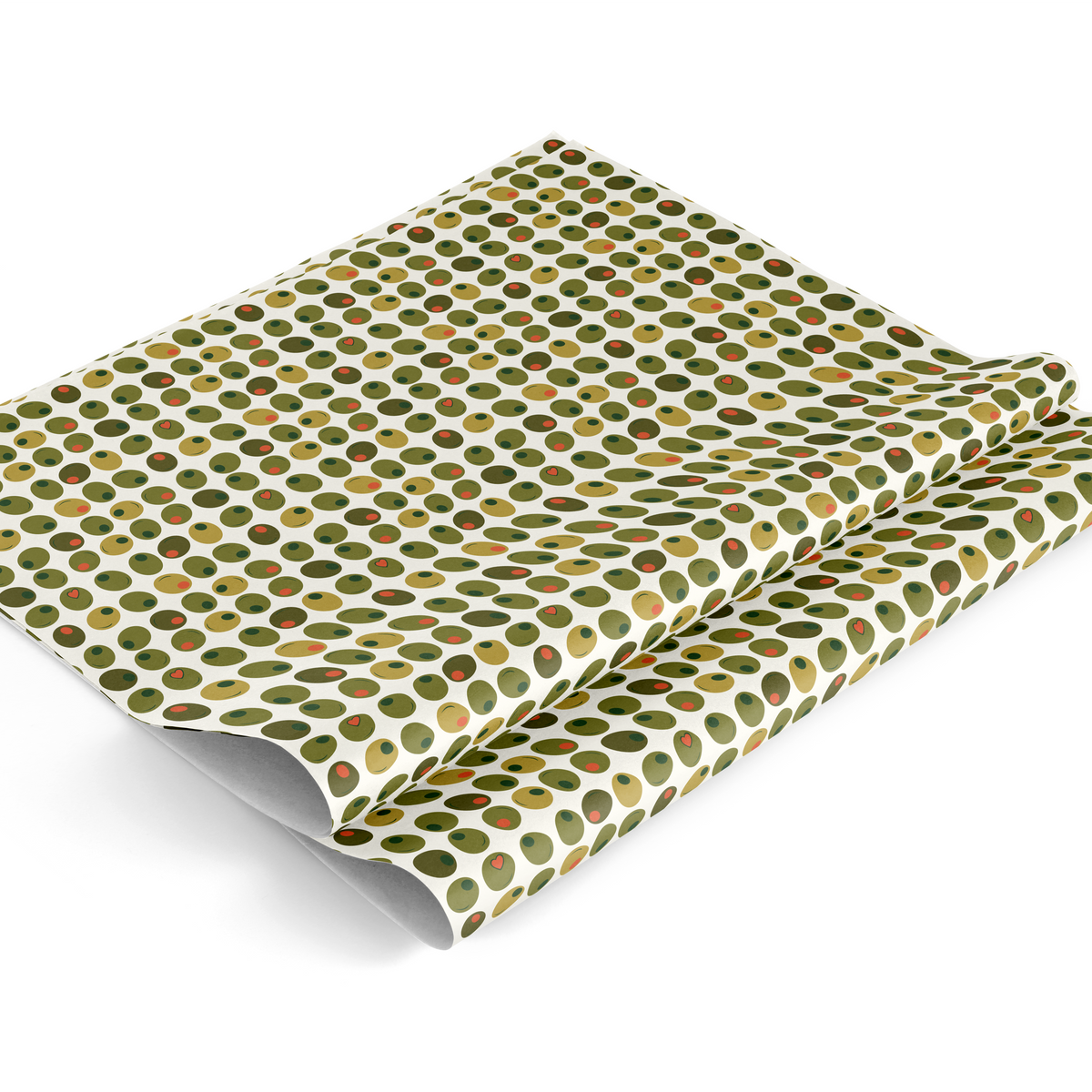 A folded piece of gift wrap with a repeating pattern of overlapping green, olive, and mustard-yellow circles on a white background, shown on a clean white studio background.