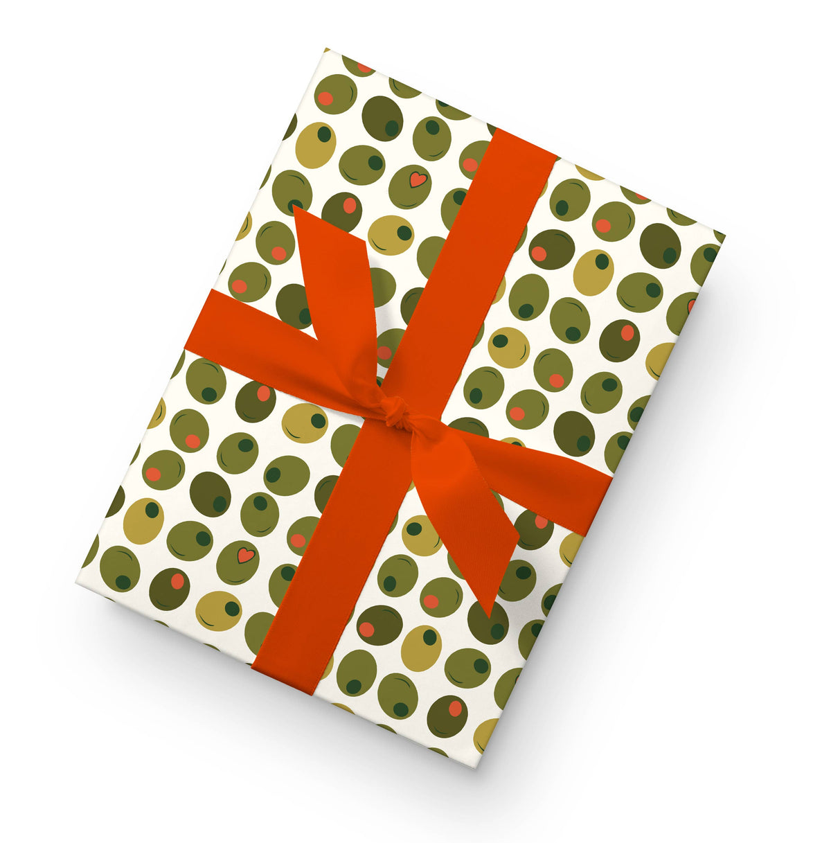 Gift box with green and red olive pattern and orange ribbon on a white background