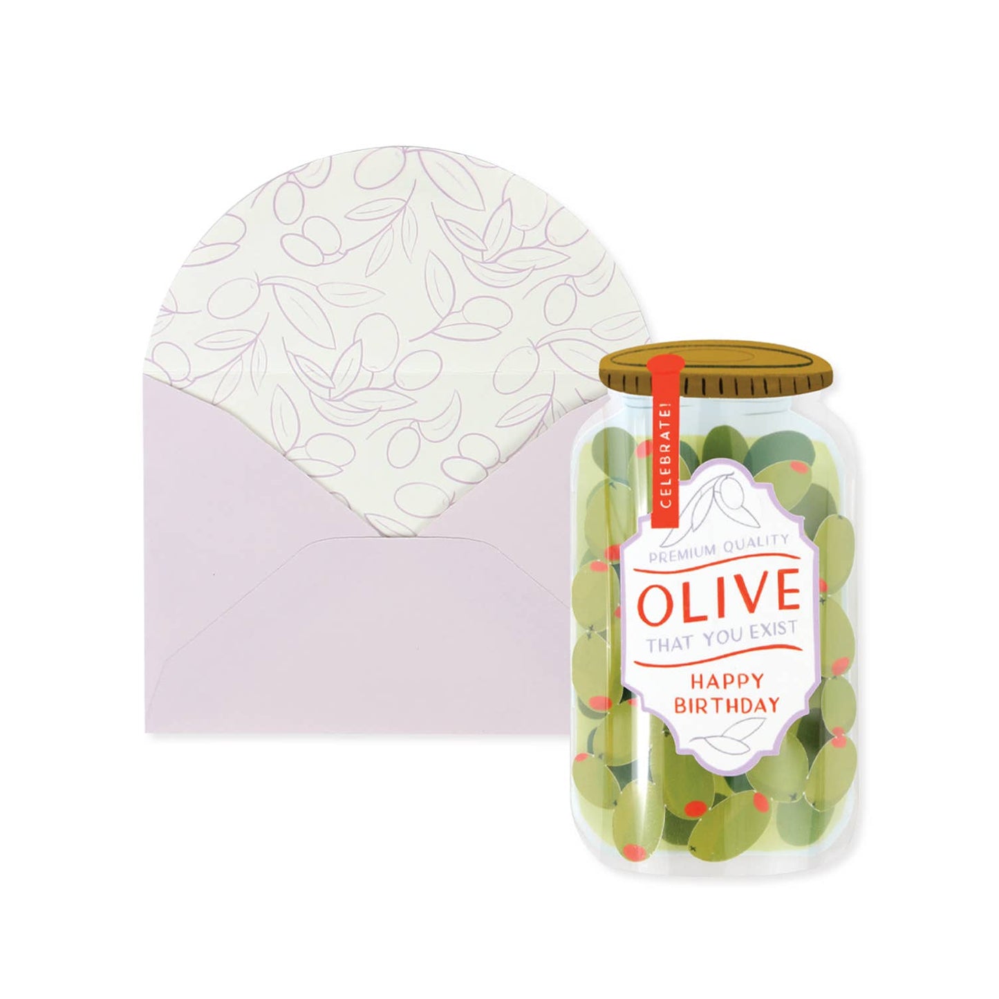 Jar of green olives with a decorative birthday label on a white background