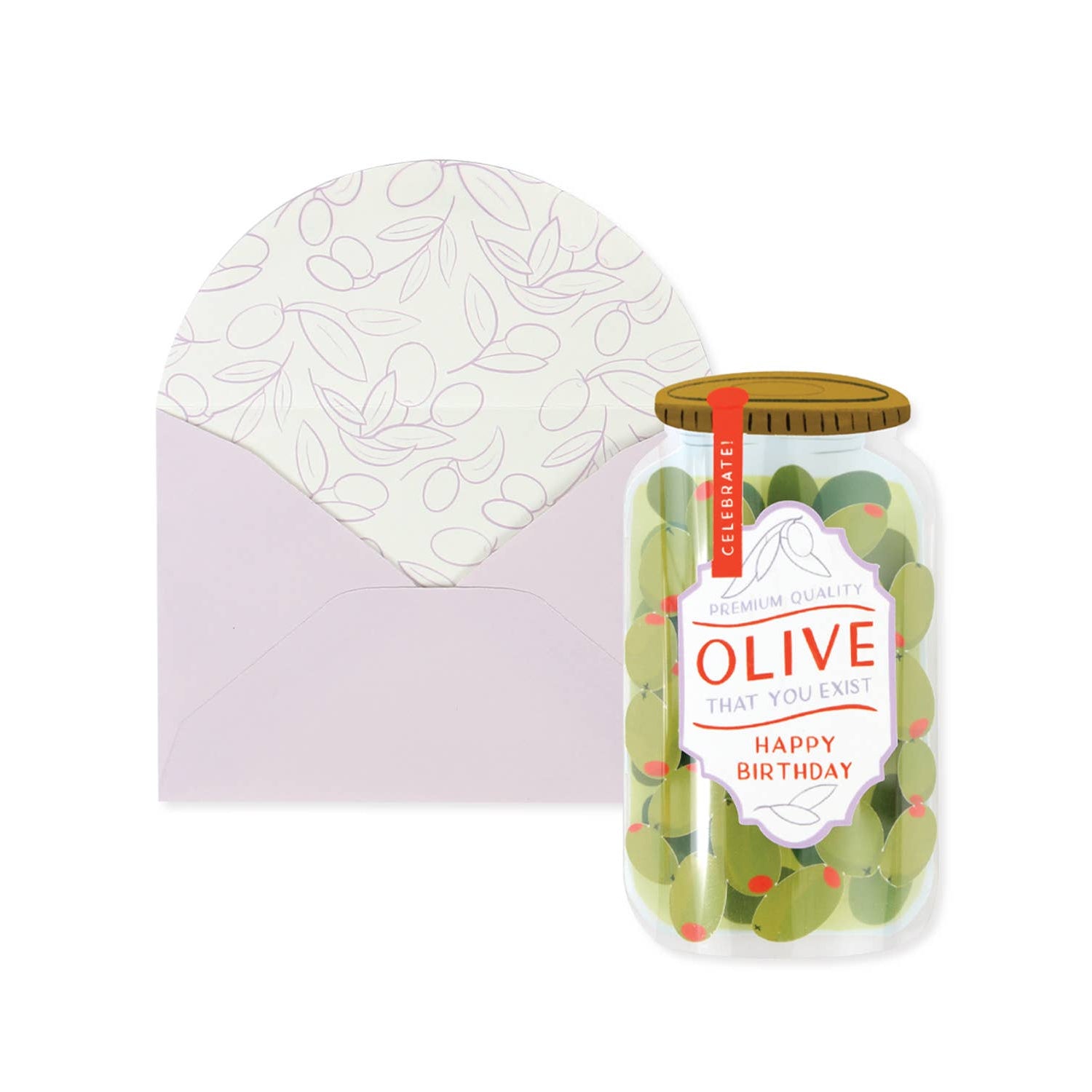 Jar of green olives with a decorative birthday label on a white background