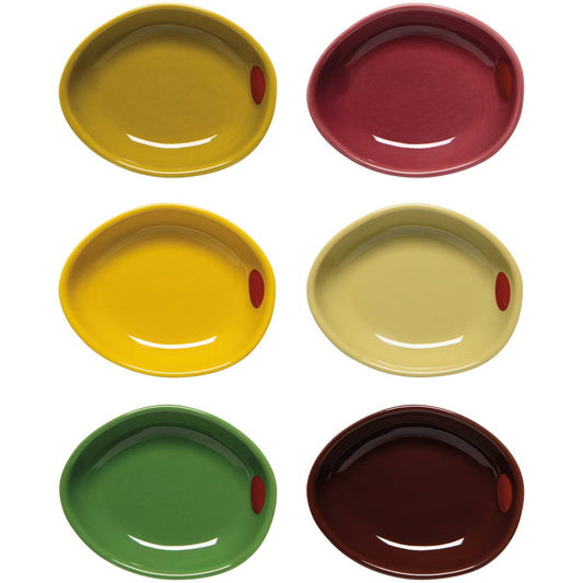 Set of six colorful ceramic dishes on a white background
