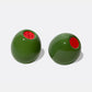 Two stuffed green olive shaped salt and pepper shakers on a white background