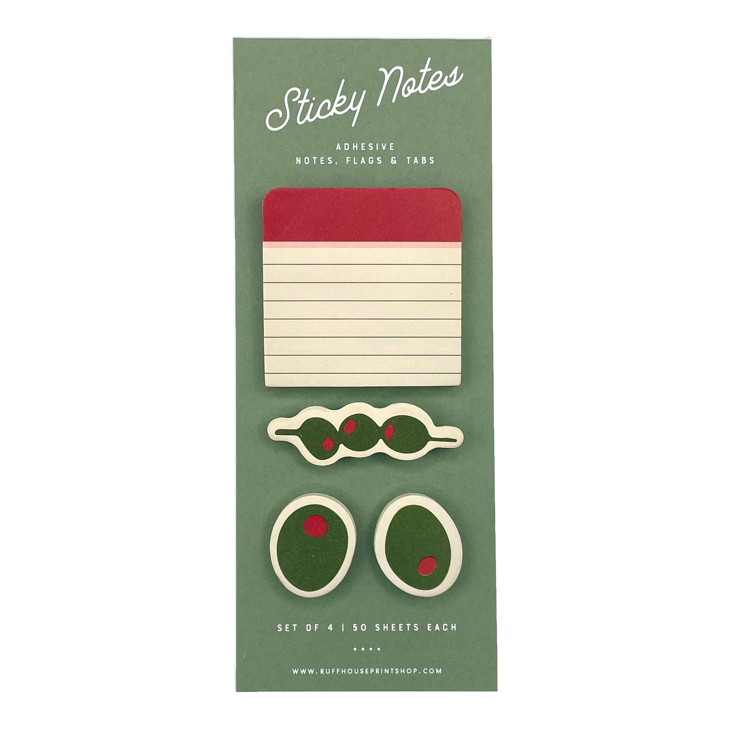 Packaging of sticky notes with green olive design on a green background