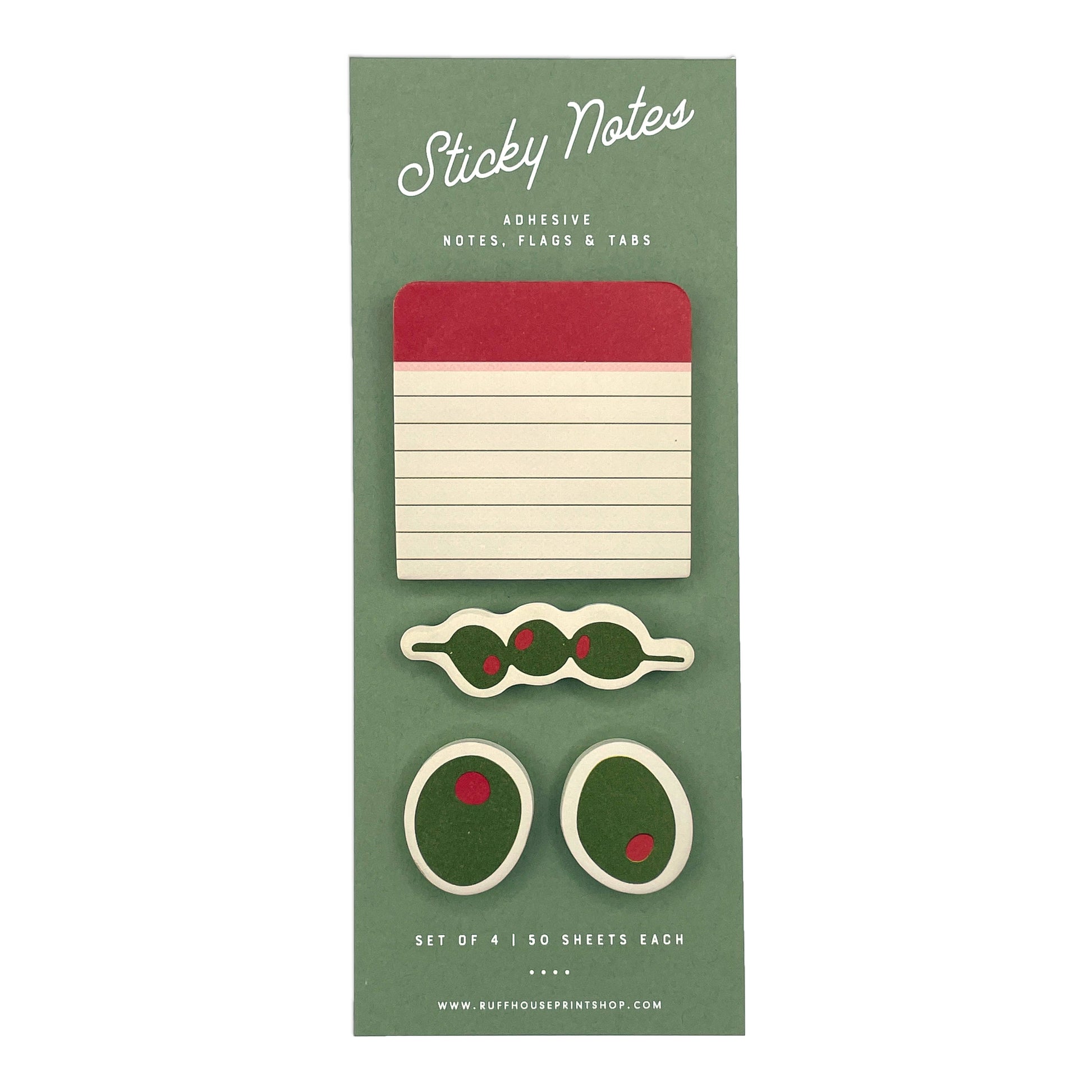 Packaging of sticky notes with green olive design on a green background
