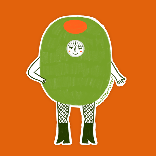 sticker of illustration of a woman in an olive costume