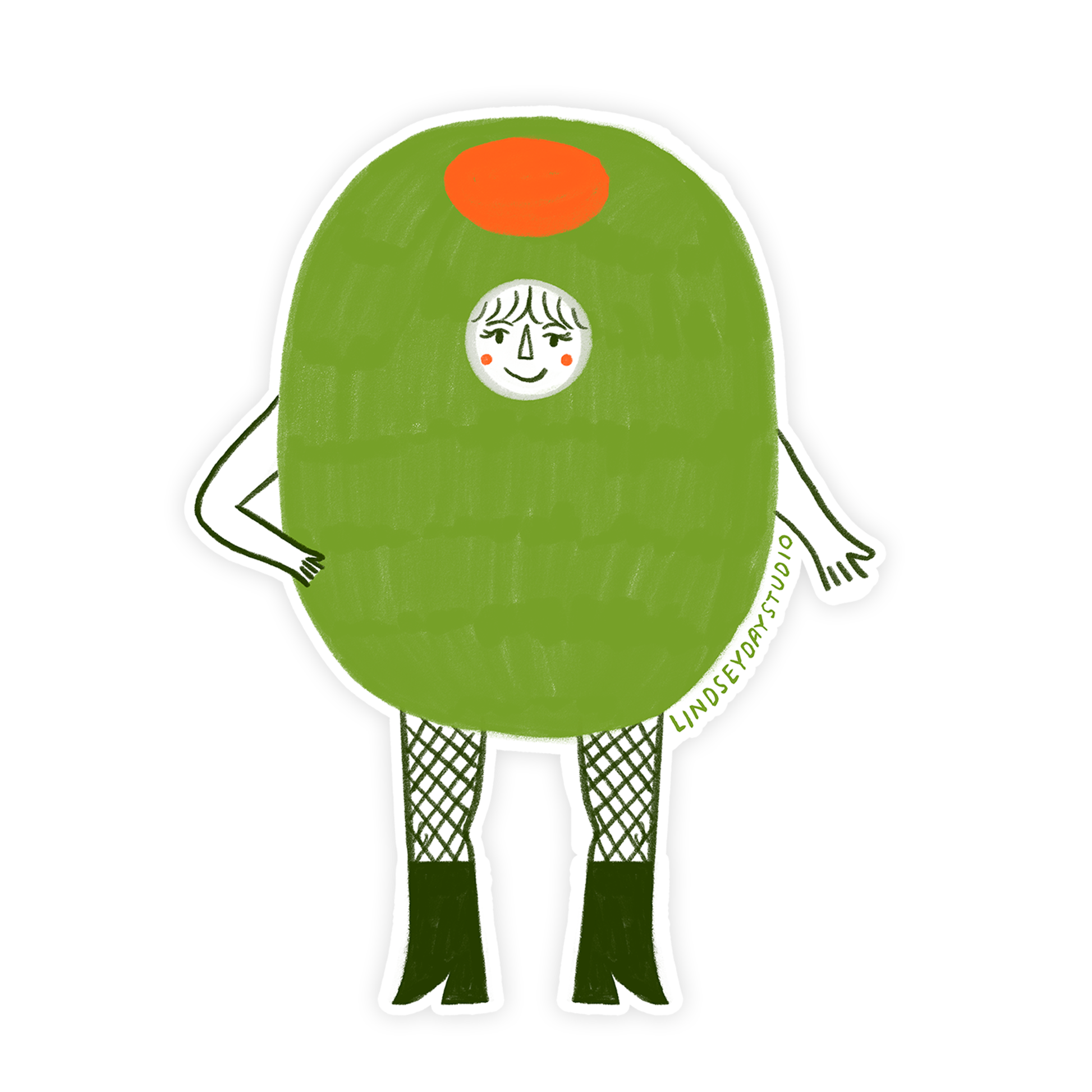 A die-cut sticker featuring a whimsical hand-drawn illustration of a green character with an orange circular head, a white face with black eyes and smile, dark green legs in a fishnet pattern, and the text 'LINDSEY DAY STUDIO' printed on the side, shown on a plain white background