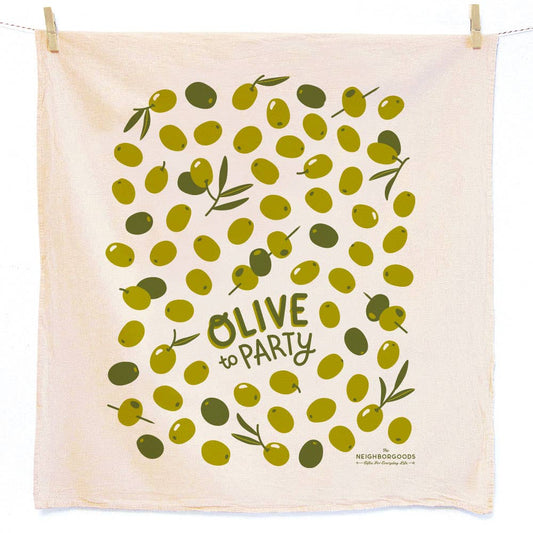 light colored kitchen towel designed with green olives all over. Text towards bottom center reads "olive to party" 