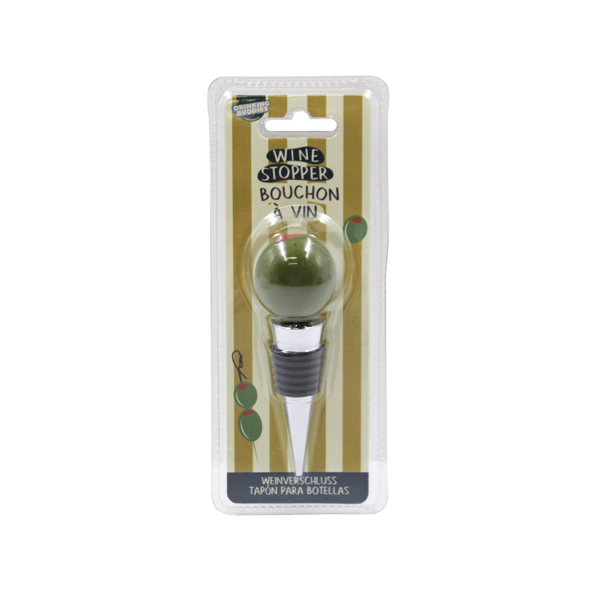 olive-shaped wine stopper in packaging on a white background
