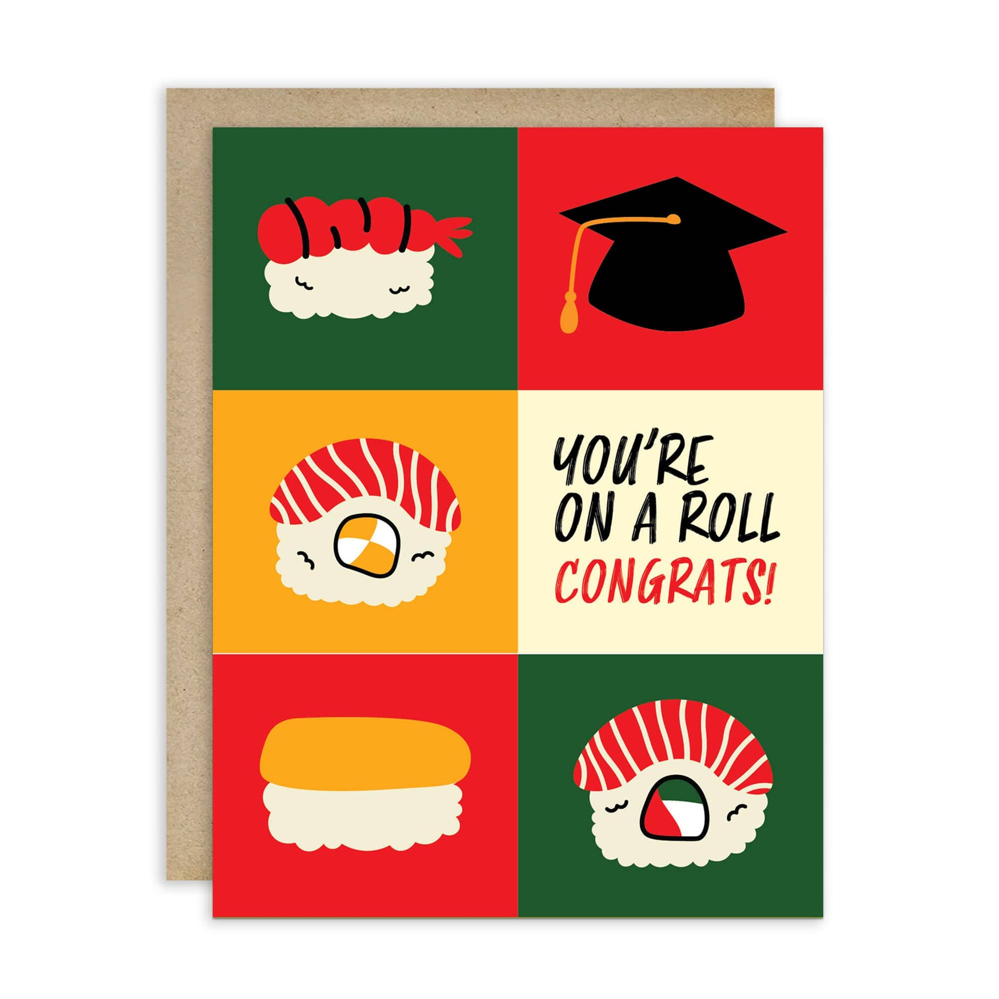 Greeting card with sushi illustrations and a graduation cap, featuring the text 'You're on a roll Congrats!'.
