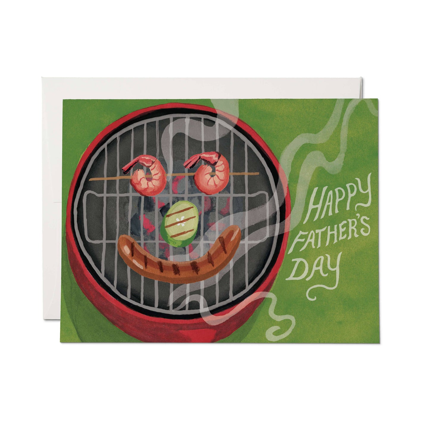 Father's Day card with grill design and food illustration on a green background