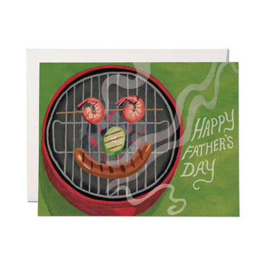 Father's Day card with grill design and food illustration on a green background