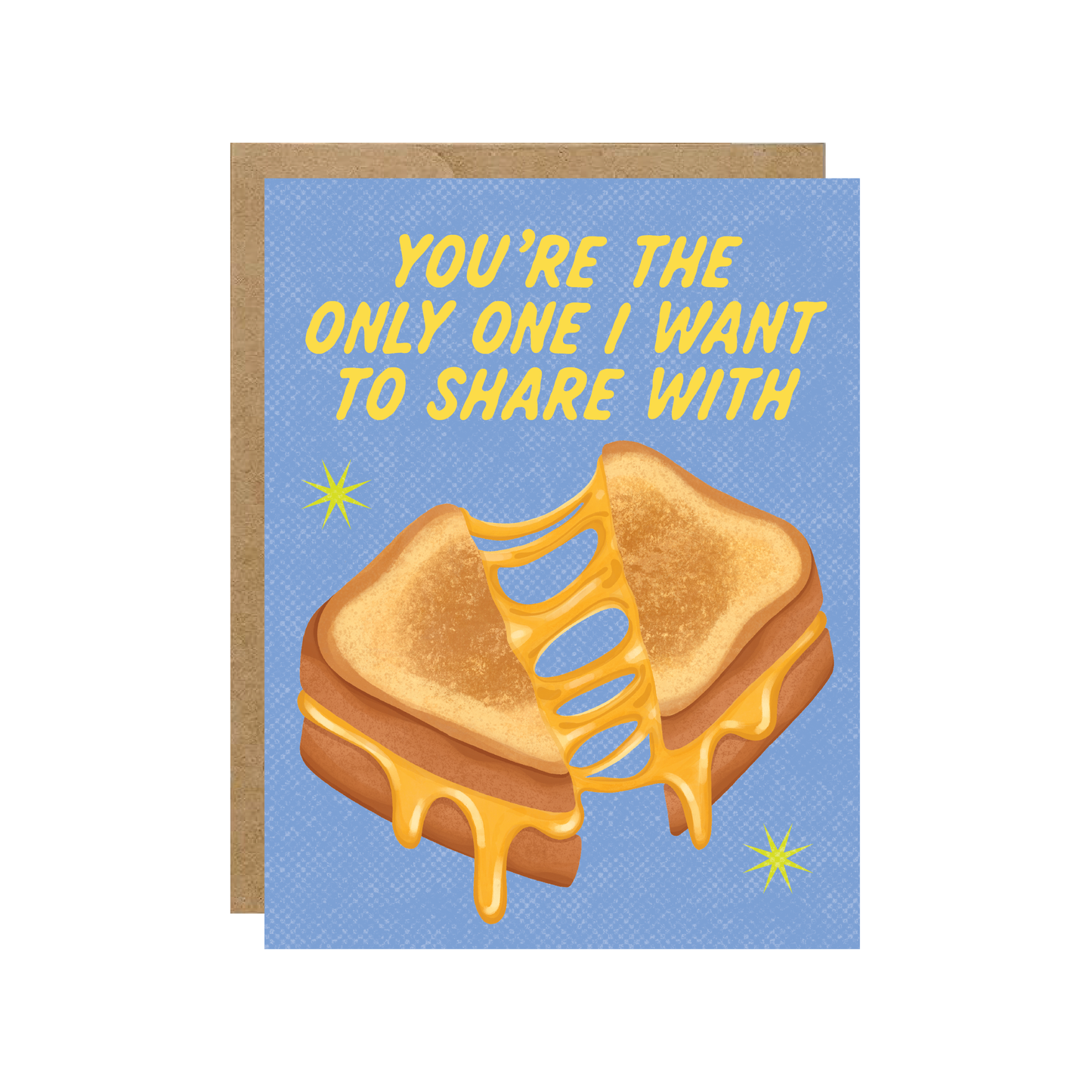 Greeting card with grilled cheese illustration and text on blue background