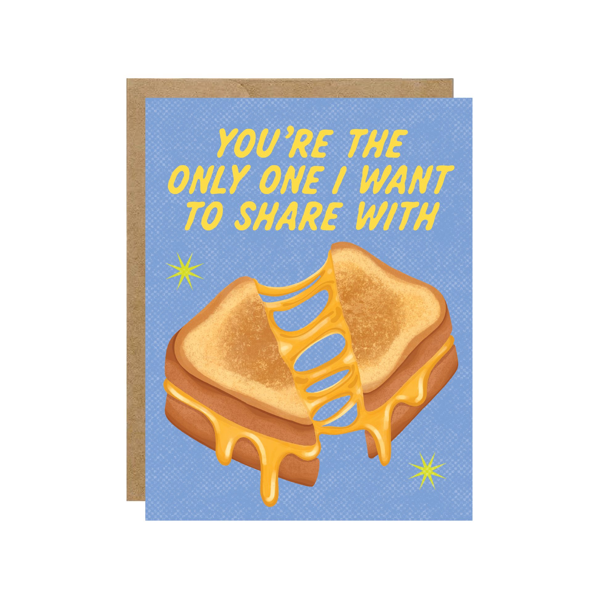 Greeting card with grilled cheese illustration and text on blue background
