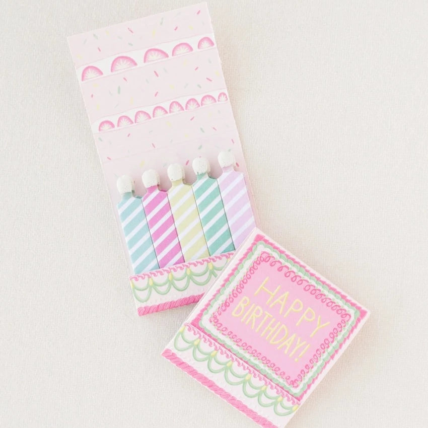 Happy Birthday matchbook. One book is closed and one is open to reveal matches that look like candles.