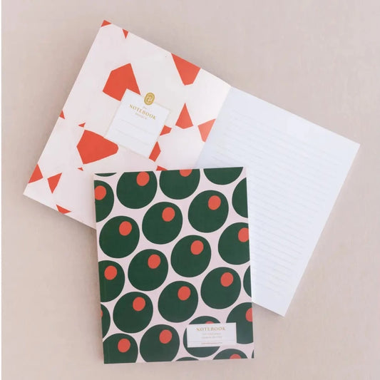 lined notebook featuring a stuffed olive design/pattern on the outside 