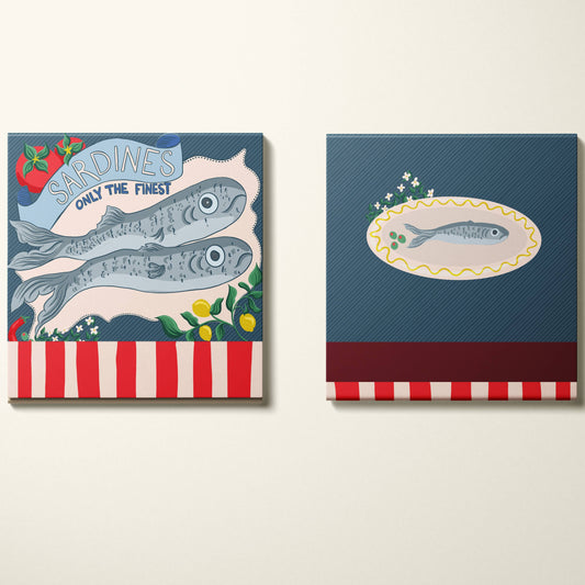 front and back designs of the sardine tin matchbook 