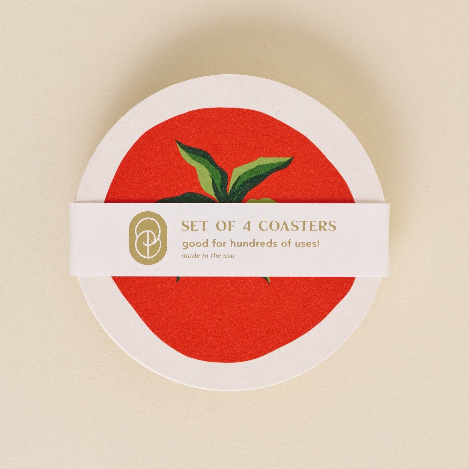 Set of 4 tomato coasters in paper band packaging 