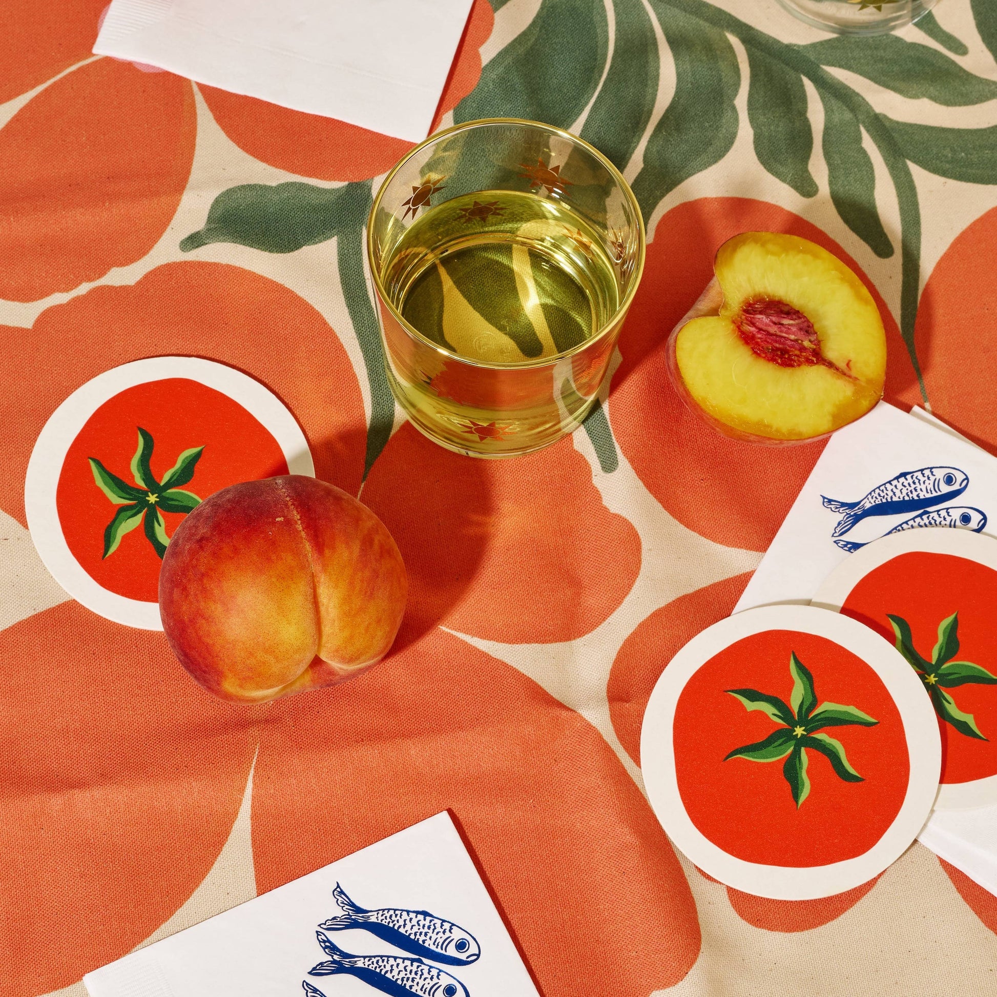 tomato coasters on tablescape 
