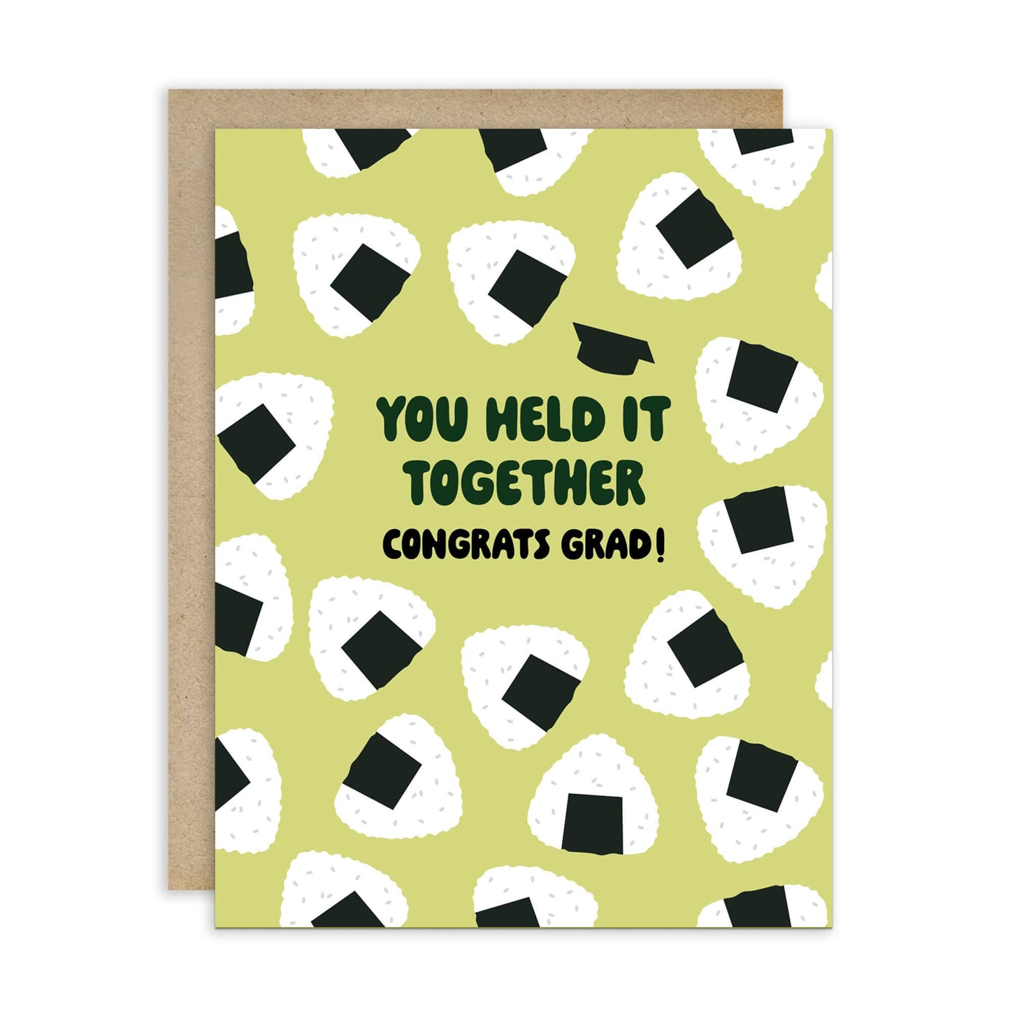 Graduation card with rice ball pattern and text 'You held it together. Congrats grad!' on a white background.