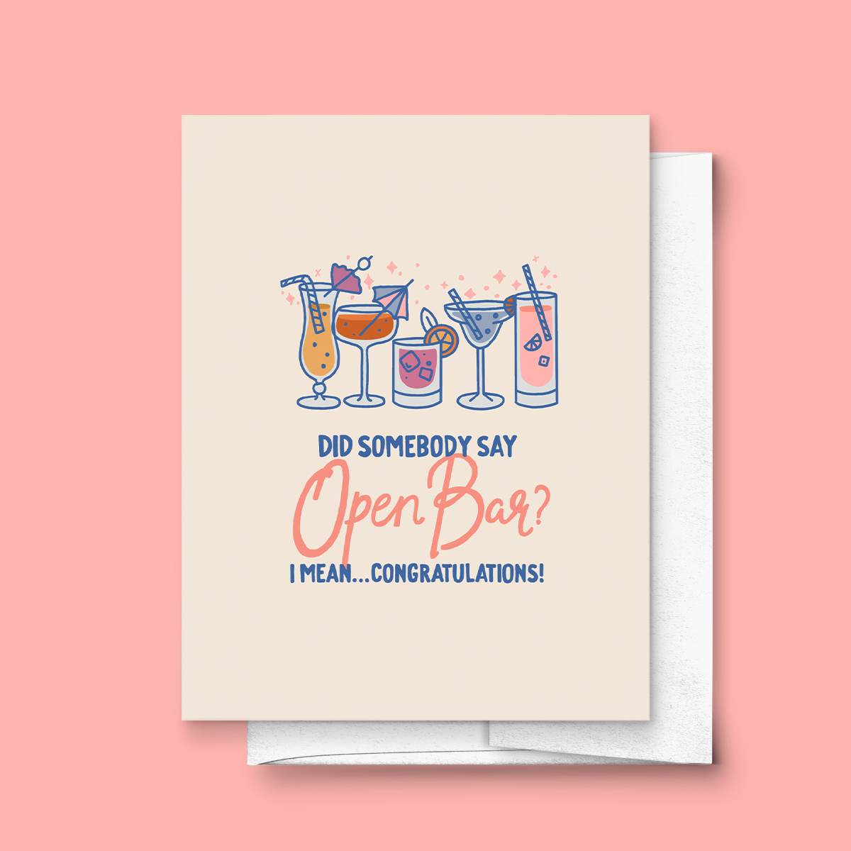 Greeting card with cocktail illustrations and humorous text on a pink background