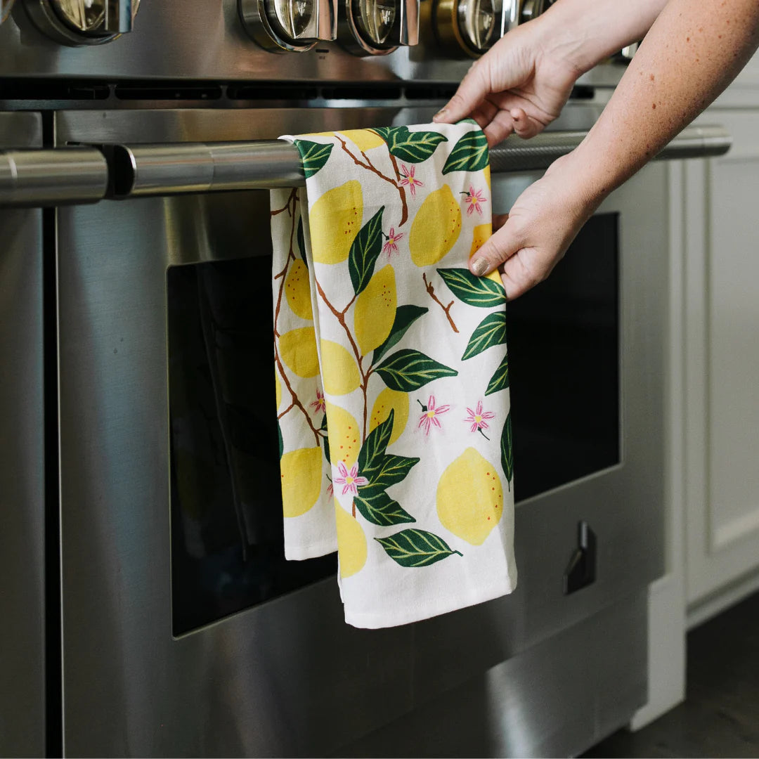 tea towel in lemon grove print in kitchen 