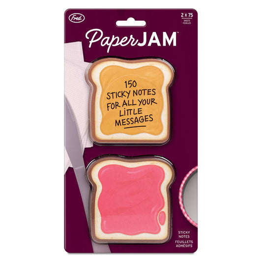 Packaged sticky notes with 'Paper Jam' branding and two sets of bread shaped sticky notes on a white background