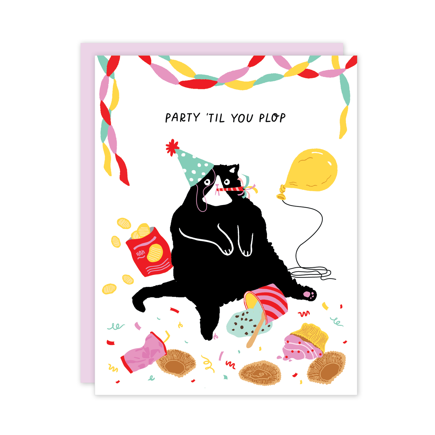 Greeting card with a black cat wearing a party hat and surrounded by party items on a white background.