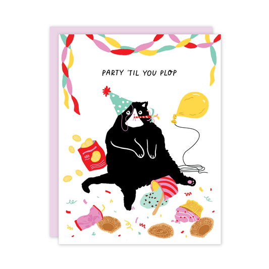 Greeting card with a black cat wearing a party hat and surrounded by party items on a white background.