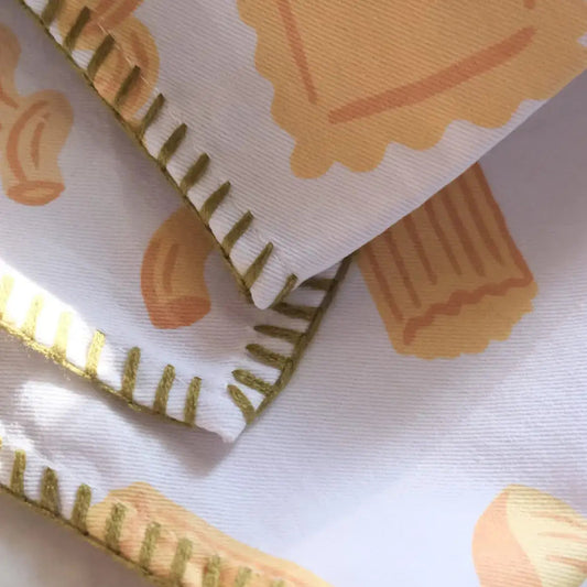 Close-up of fabric with pasta pattern